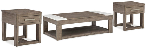Ashley Furniture Loyaska Occasional Table Set featuring three modern tables with wooden and metal finishes.