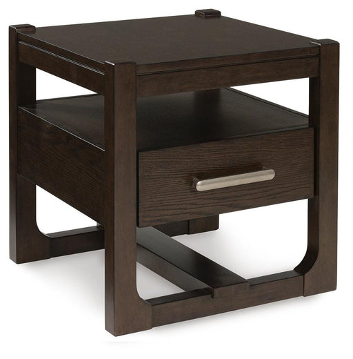 Ashley Furniture Breckington End Table with angled wooden legs and a dark finish, shown from a side angle.