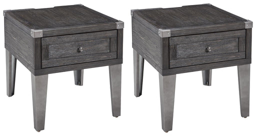 Ashley Furniture Todoe end table set featuring modern wooden tables with sleek design and natural wood finish.