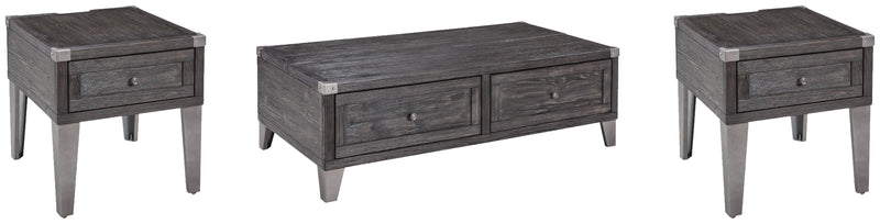 Ashley Furniture Todoe occasional table set with three modern tables in dark wood finishes, featuring sleek, minimalist designs.