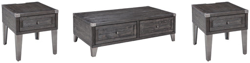 Ashley Furniture Todoe occasional table set with three modern tables in dark wood finishes, featuring sleek, minimalist designs.