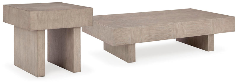 Ashley Furniture Jorlaina Occasional Table Set with two elegant wood tables featuring sleek designs and warm finish.