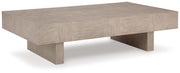 Ashley Furniture Jorlaina occasional table set with two round tables featuring wooden tops and metal bases, angled view.