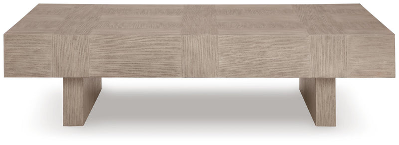 Ashley Furniture Jorlaina occasional table set with three modern, square-shaped tables featuring wood and metal finishes.