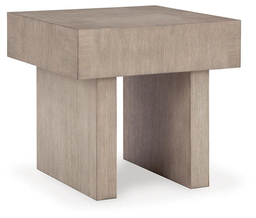 Ashley Furniture Jorlaina End Table with a sleek wooden top and modern angled legs, shown from an angle view.