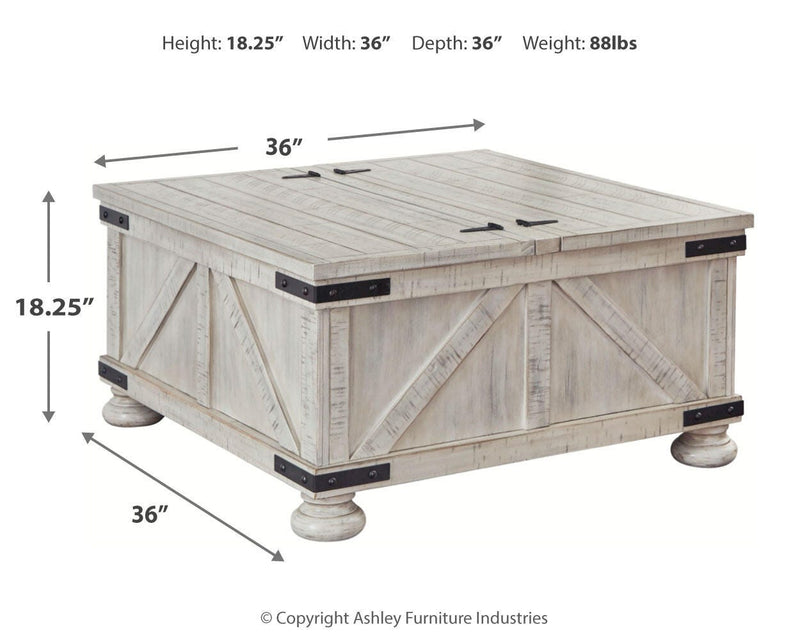Ashley Furniture Carynhurst Coffee Table, cocktail table with wooden finish and elegant design, shown in a modern living room setting.