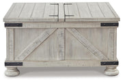 Ashley Furniture Carynhurst coffee table with a sleek wooden top and sturdy legs, perfect for modern living room decor.