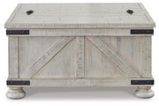 Ashley Furniture Carynhurst coffee table, modern cocktail table with closed side compartments, dark wood finish.
