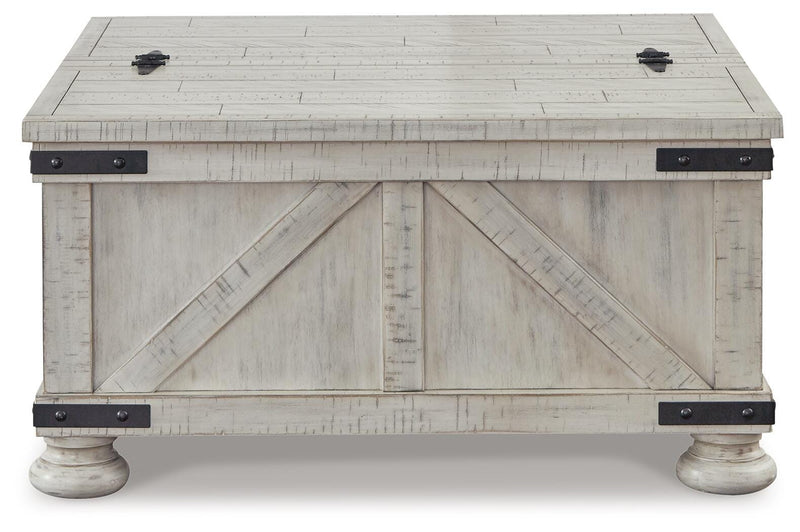Ashley Furniture Carynhurst coffee table, modern cocktail table with closed side compartments, dark wood finish.