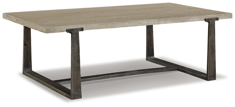 Ashley Furniture Dalenville coffee table with a sleek wooden top and modern design, shown from an angled side view.
