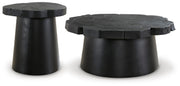 Set of Ashley Furniture Wimbell Occasional Tables with a sleek wood finish and modern design, including a coffee table and side table.