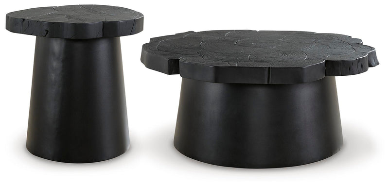 Set of Ashley Furniture Wimbell Occasional Tables with a sleek wood finish and modern design, including a coffee table and side table.