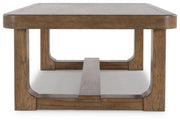 Ashley Furniture Cabalynn cocktail coffee table with a sleek wooden surface and modern design, shown from a side angle.