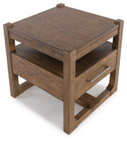 Ashley Furniture Cabalynn end table with a wooden top and black metal legs, shown from an angled side view.