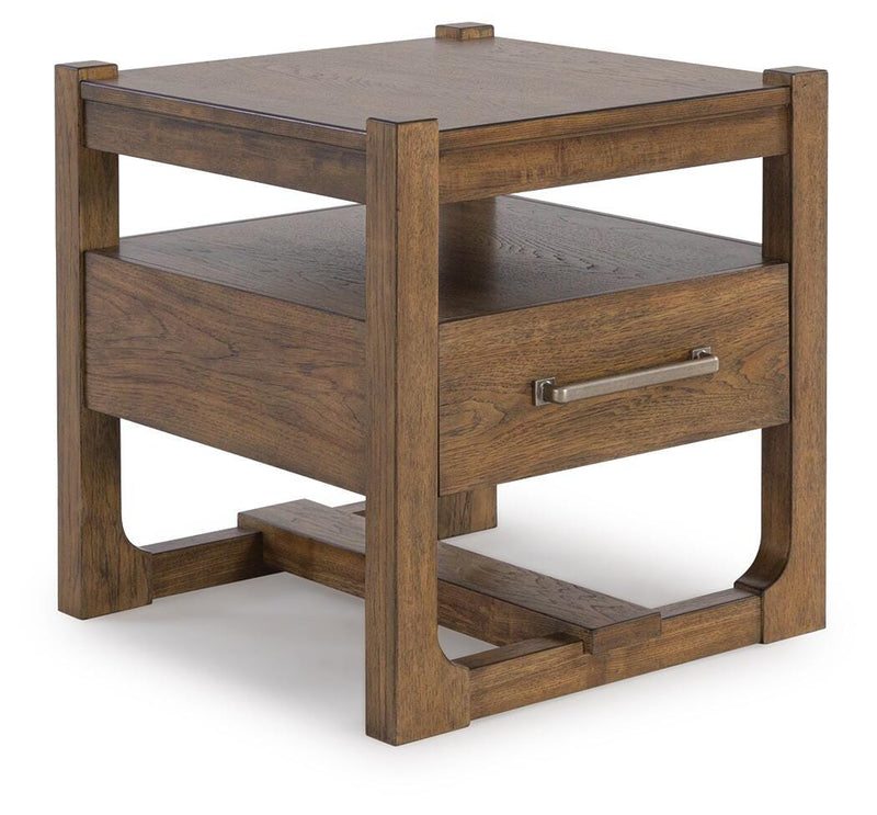 Ashley Furniture Cabalynn end table with a sleek wood finish and modern design, shown from an angled side view.