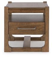 Ashley Furniture Cabalynn occasional table set, two modern wood tables with sleek finishes and tapered legs, front view.