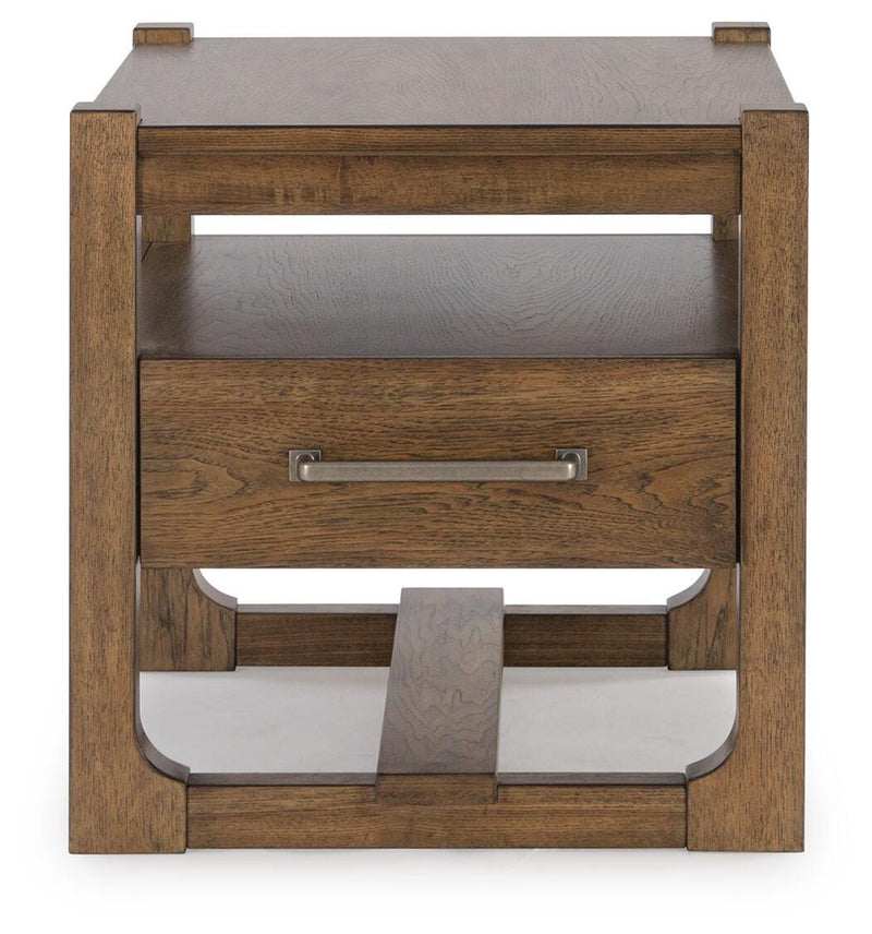 Ashley Furniture Cabalynn occasional table set, two modern wood tables with sleek finishes and tapered legs, front view.