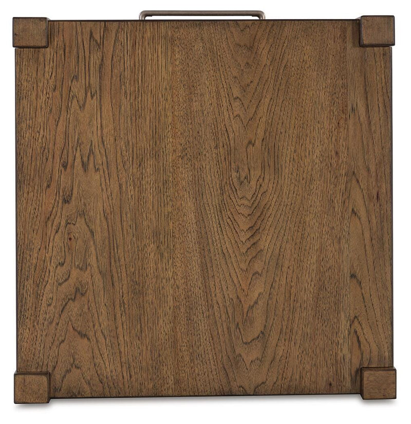 Ashley Furniture Cabalynn end table with a dark wooden top and sleek metal legs, modern design for living room decor.