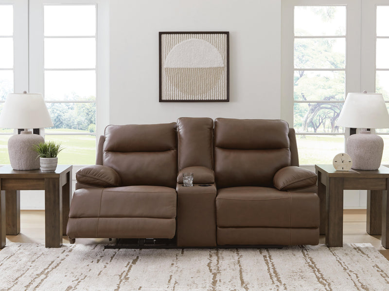 Ashley Furniture VonRyan Power Reclining Loveseat, plush fabric, padded armrests, and built-in recline mechanism for comfort.