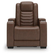 Ashley Furniture high impact power recliner with plush upholstery and padded armrests, shown from a head-on perspective.
