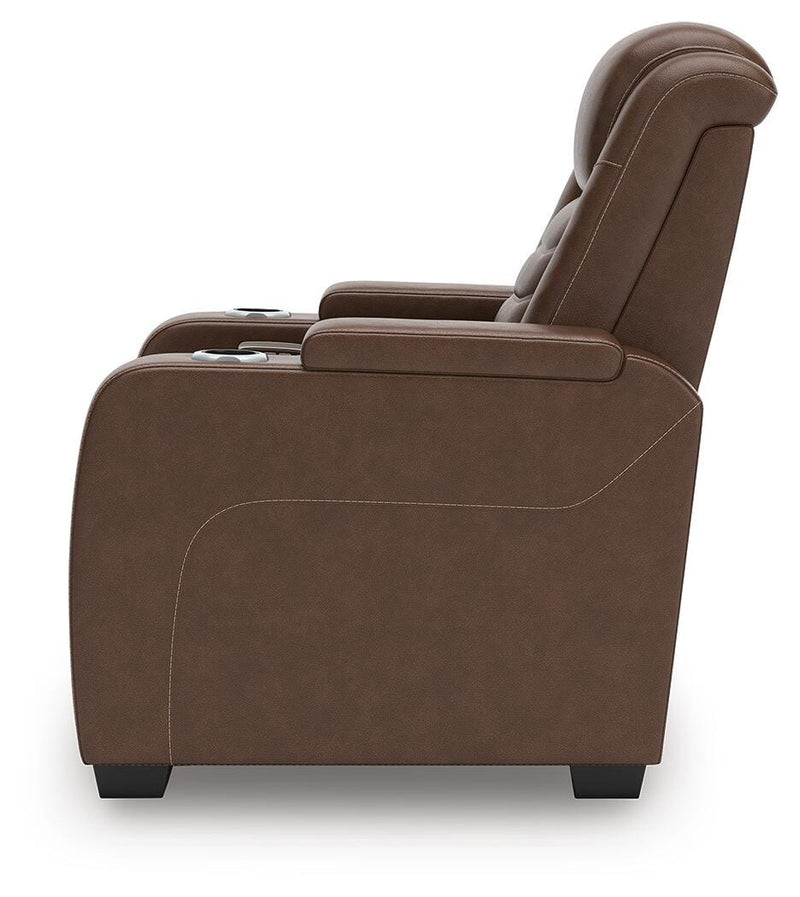Ashley Furniture high impact power recliner with side view, showcasing plush cushioning and modern design.
