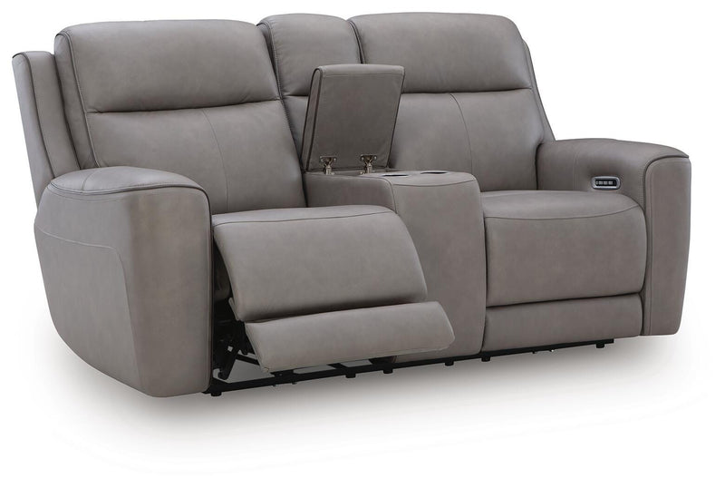 Ashley Furniture 5Z-Comfort Power Reclining Loveseat with Console, shown from an open angle highlighting plush upholstery and built-in cupholders.