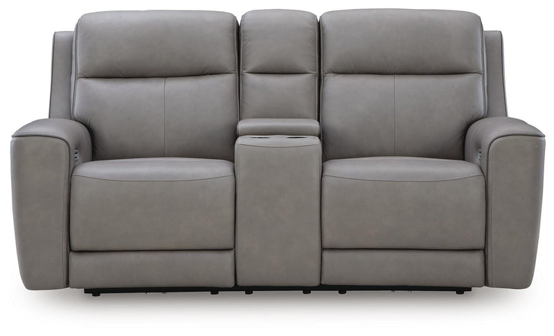 Ashley Furniture 5Z-Comfort power reclining loveseat with console, showing plush fabric, integrated cup holders, and reclining features.