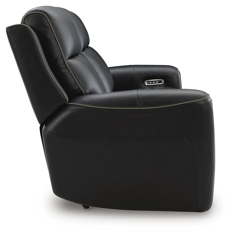 Ashley Furniture 5Z-Comfort Power Reclining Sofa showing plush fabric upholstery and built-in reclining mechanism from a side view.
