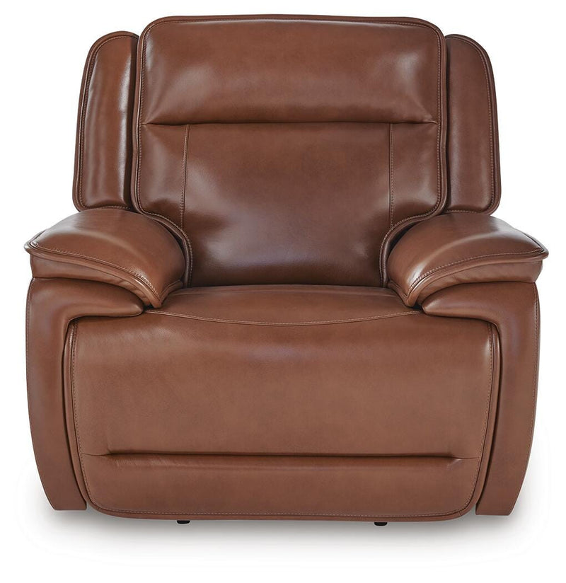 Healy Pier Power Recliner by Ashley Furniture showing a comfortable, plush recliner with a head-on view in a living room setting.