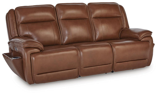 Ashley Furniture Healy Pier Power Reclining Sofa shown from a side angle with plush cushions and a sleek, modern design.