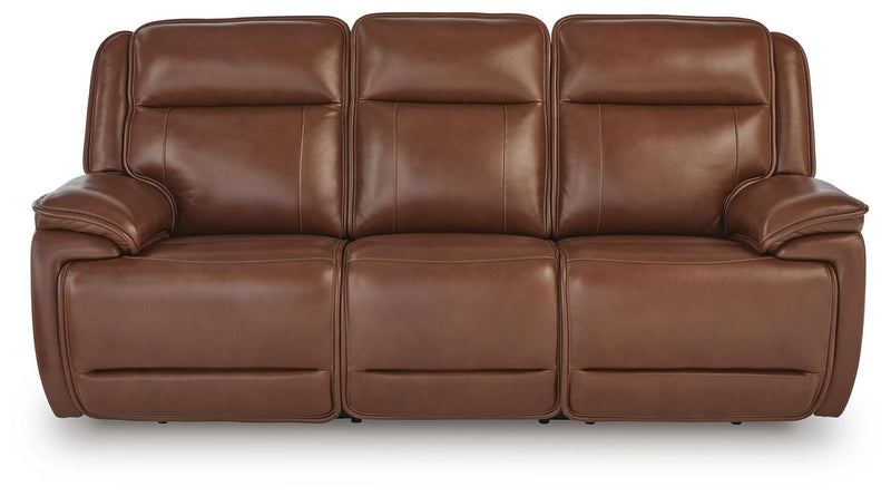 Ashley Furniture Healy Pier Power Reclining Sofa with plush cushions and reclining features, shown from a front head-on view.