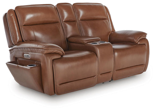 Ashley Furniture Healy Pier Power Reclining Loveseat with Console, dark gray fabric, plush cushions, and built-in storage armrest.