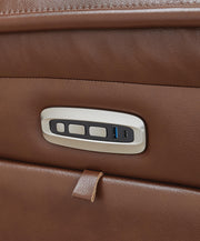 Healy Pier Power Reclining Sofa by Ashley Furniture showing plush fabric, built-in USB ports, and padded armrests for comfort.