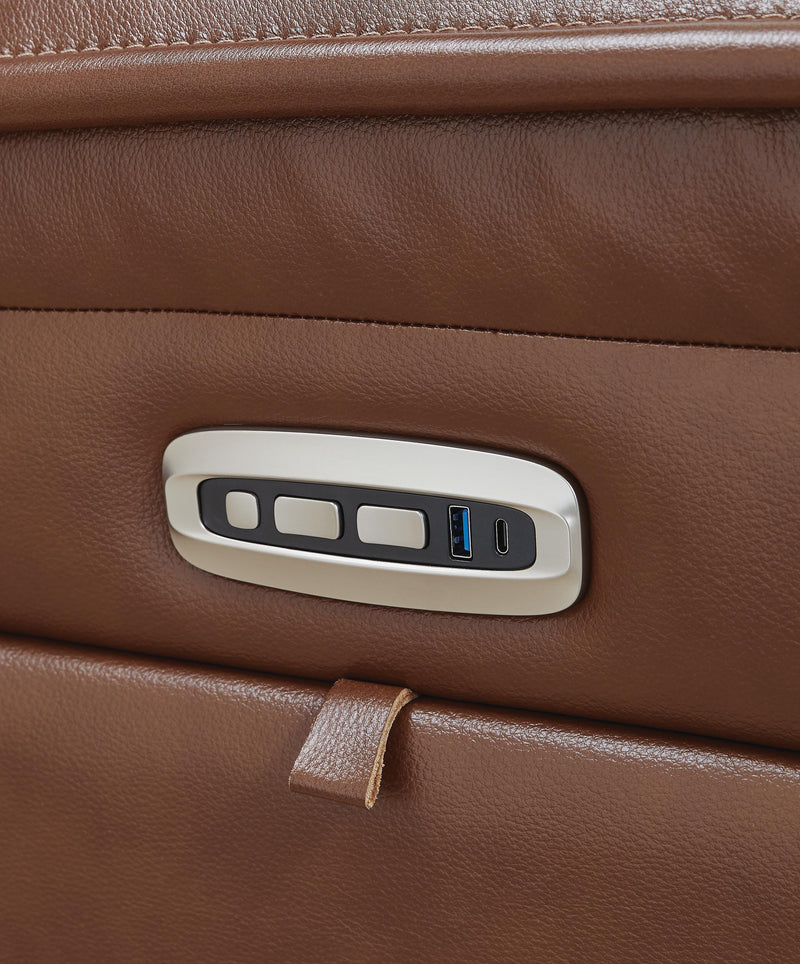 Healy Pier Power Reclining Sofa by Ashley Furniture showing plush fabric, built-in USB ports, and padded armrests for comfort.