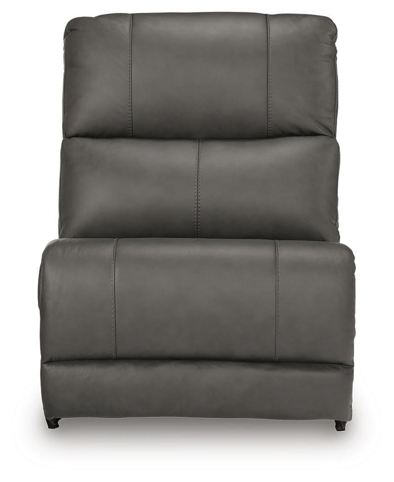 Ashley Furniture Bleckley power reclining sectional with plush cushions and modern design, shown in a head-on view.