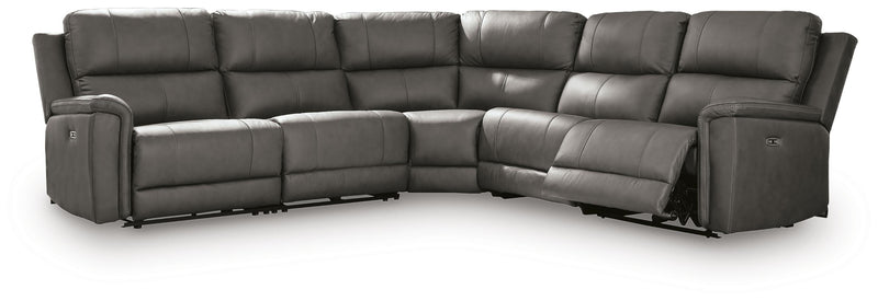 Ashley Furniture Bleckley power reclining sectional with plush fabric, featuring multiple seats and chaise lounge for comfortable lounging.