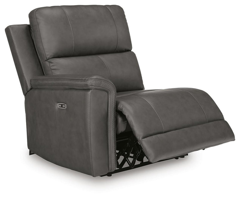 Ashley Furniture Bleckley power reclining sectional shown from an angle with open seats and plush cushions.