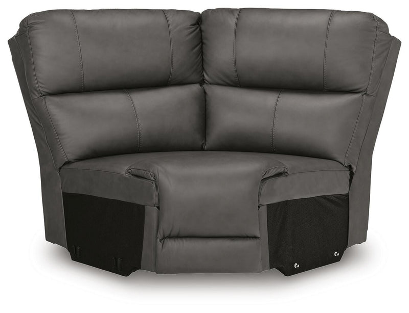 Ashley Furniture Bleckley power reclining sectional shown from a head-on view, featuring plush cushions and reclining seats.