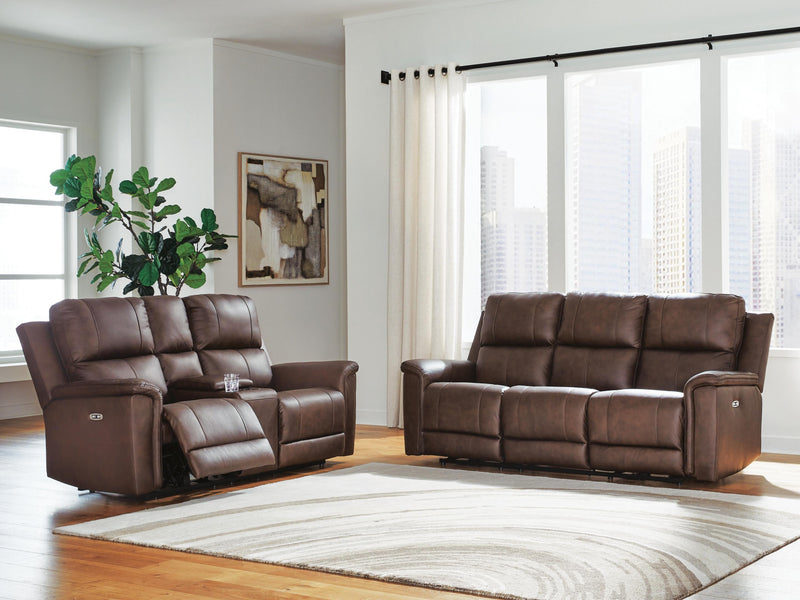 Ashley Furniture Bleckley reclining living room set with sofa, loveseat, and recliner in neutral fabric, all with plush cushions.