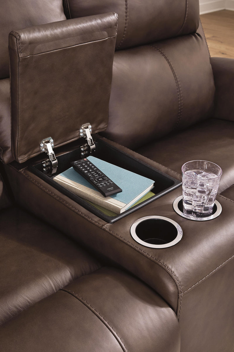 Close-up of the Ashley Furniture Bleckley Reclining Package living room set, showing the console detail and plush upholstery.