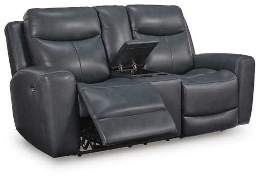 Ashley Furniture Next Move power reclining loveseat shown from an open angle, showcasing plush cushions and reclining features.