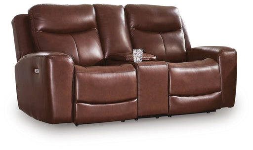 Ashley Furniture Next Move power reclining loveseat with console, showing a cozy, plush fabric seat with built-in cup holders.