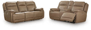 Ashley Furniture Glencroft reclining living room set with sofa and loveseat, featuring plush cushions and dark wood accents.