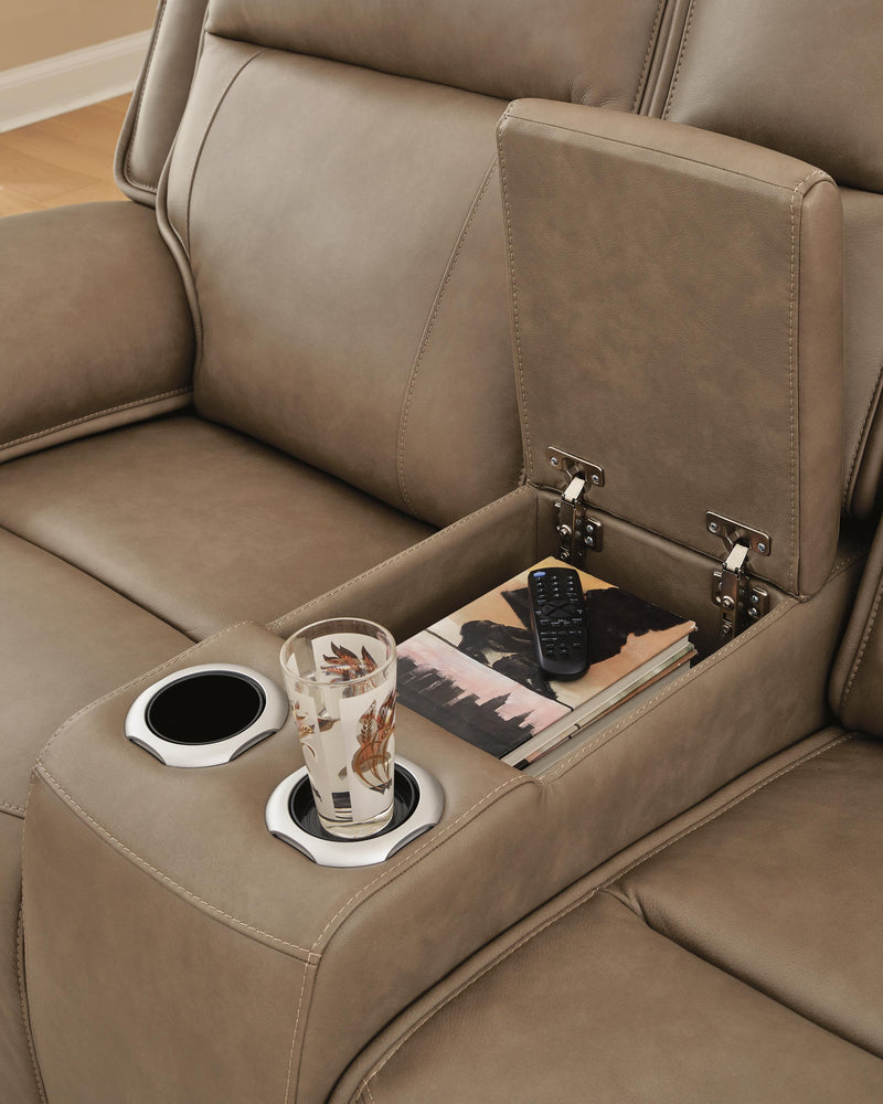 Ashley Furniture Glencroft reclining living room set with console table, featuring plush upholstery and modern design details.