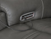 Ashley Furniture 5Z Pittson power reclining sectional loveseat with console, showing plush fabric, built-in USB ports, and reclining features.