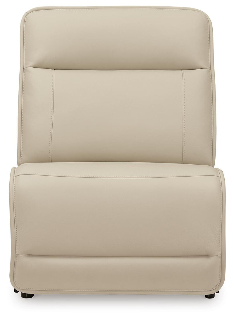 Ashley Furniture double deal reclining sectional with console, featuring plush cushions and a modern design, shown from the head-on angle.