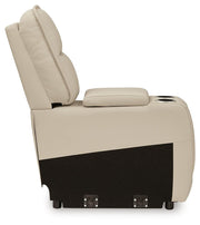 Ashley Furniture double deal reclining sectional with console, featuring plush cushions and modern design, shown from the side.