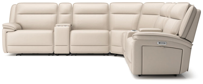 Ashley Furniture double reclining sectional with two consoles, featuring plush cushions and a modern design, shown from a head-on angle.