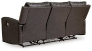 Ashley Furniture Boxmere power reclining sofa with plush fabric and padded armrests, shown from the back view.