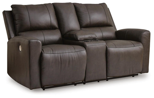 Ashley Furniture Boxmere power reclining loveseat with console, featuring plush cushions and a sleek design, shown from an angle.